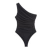 [TP077] Elegance Noir One-Shoulder Ruched Bodysuit