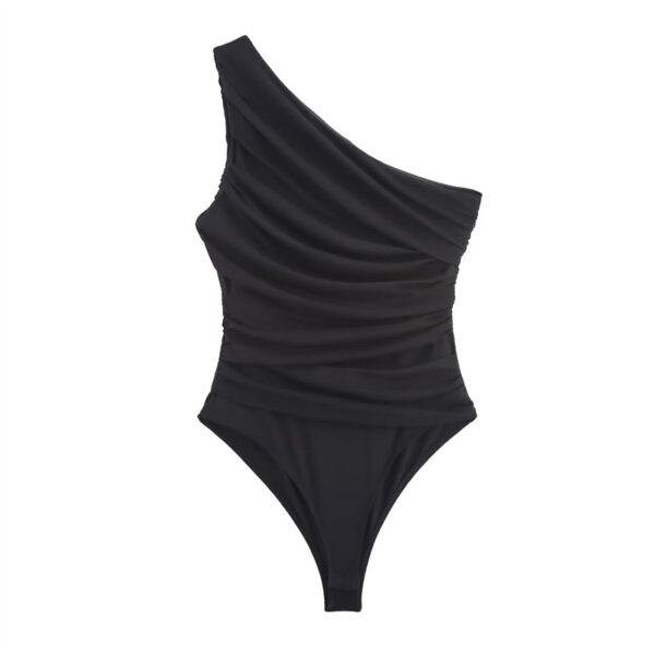 [TP077] Elegance Noir One-Shoulder Ruched Bodysuit