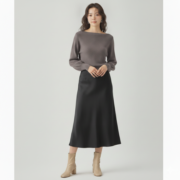 [BM037] Elegant High-Waist Satin A-Line Midi Skirt