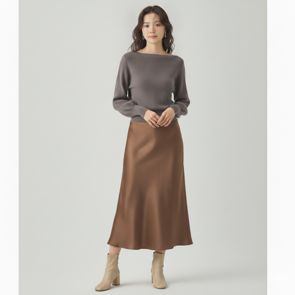 [BM037] Elegant High-Waist Satin A-Line Midi Skirt
