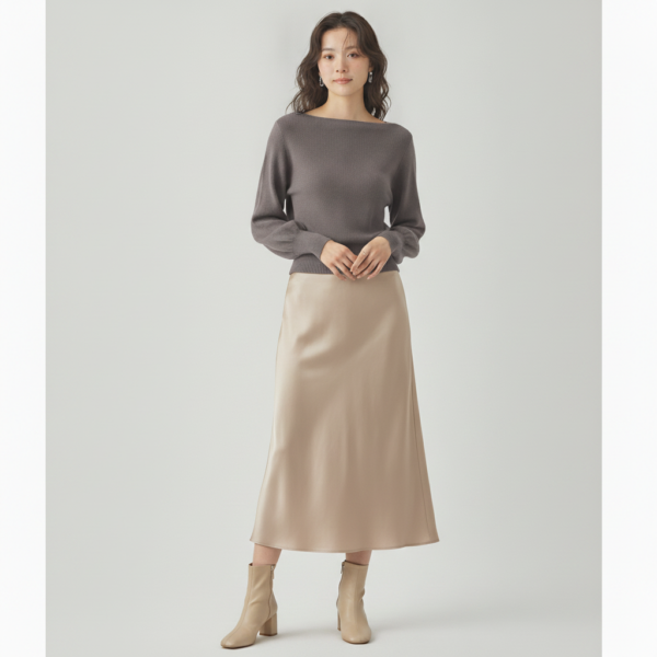 [BM037] Elegant High-Waist Satin A-Line Midi Skirt