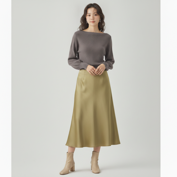 [BM037] Elegant High-Waist Satin A-Line Midi Skirt