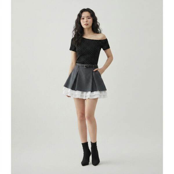 [TP079] Aurelia Asymmetrical Rib-Knit Polka Dot Crop Top