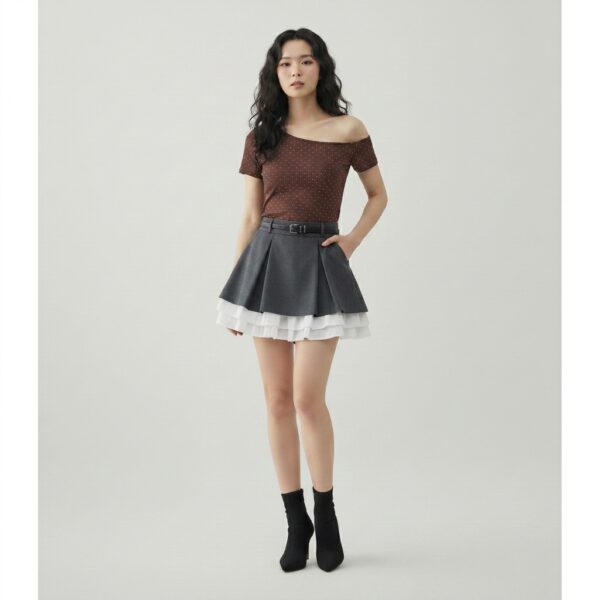 [TP079] Aurelia Asymmetrical Rib-Knit Polka Dot Crop Top
