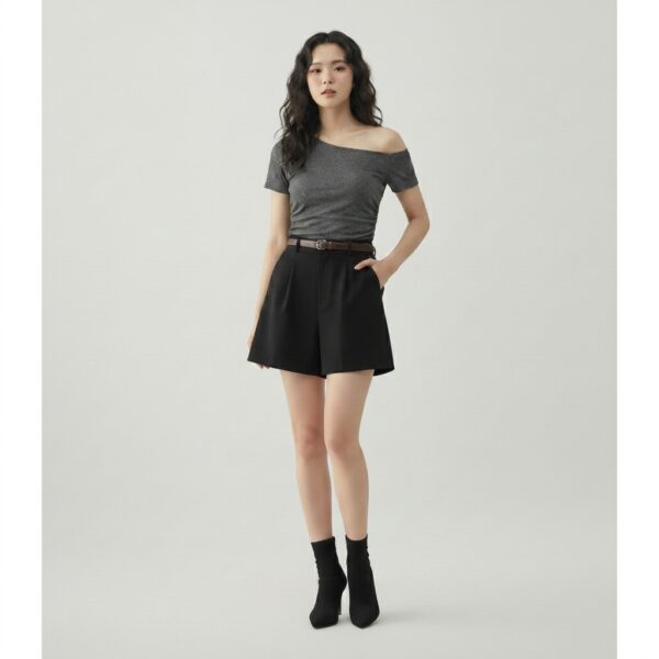[TP079] Aurelia Asymmetrical Rib-Knit Polka Dot Crop Top