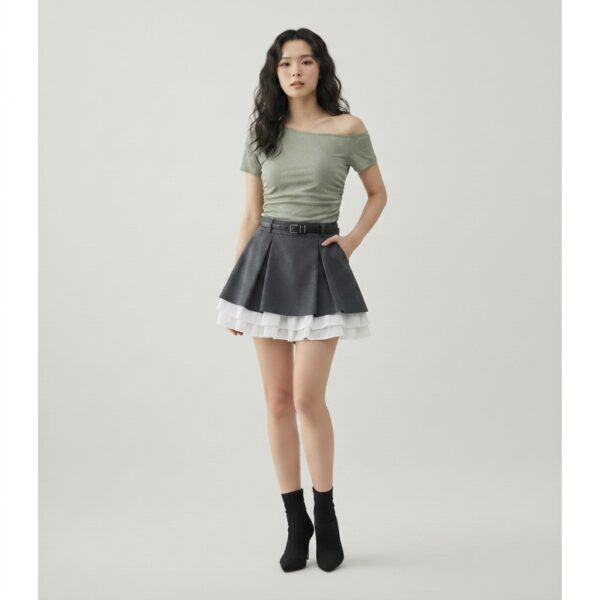 [TP079] Aurelia Asymmetrical Rib-Knit Polka Dot Crop Top