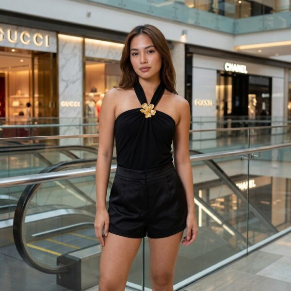 [TP082] Elegance Sculpted Gold Flower Halter Top