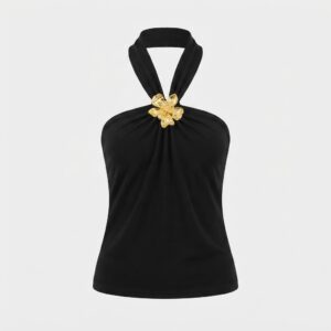 [TP082] Elegance Sculpted Gold Flower Halter Top