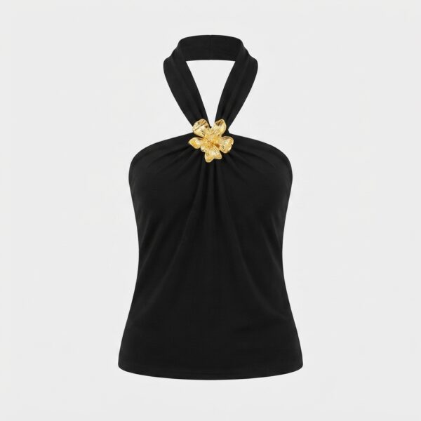 [TP082] Elegance Sculpted Gold Flower Halter Top