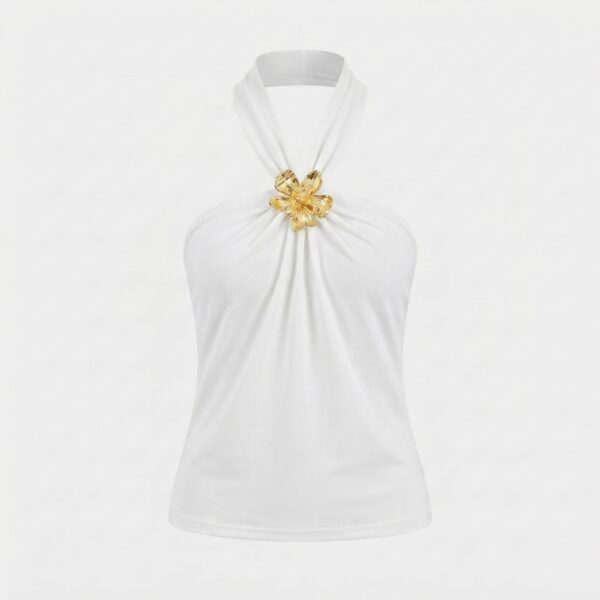 [TP082] Elegance Sculpted Gold Flower Halter Top