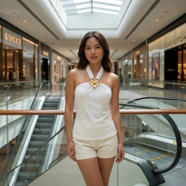 [TP082] Elegance Sculpted Gold Flower Halter Top