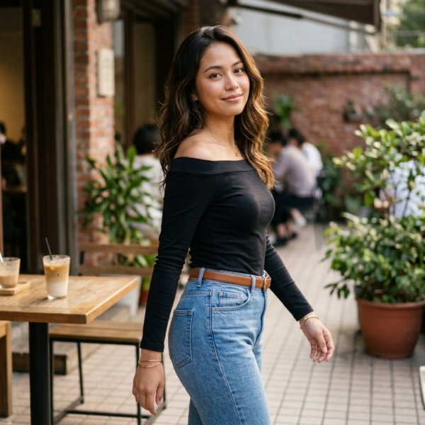 [TP085] Sleek Black Off-Shoulder Long Sleeve Knit Top