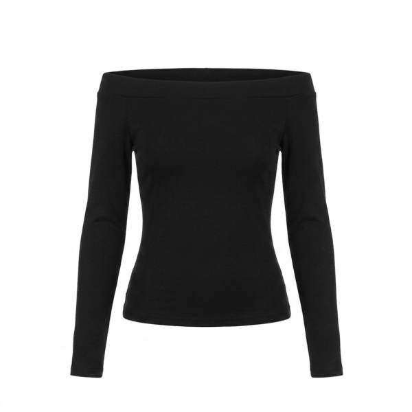 [TP085] Sleek Black Off-Shoulder Long Sleeve Knit Top