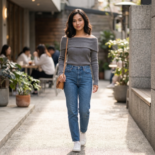 [TP088] Elegant Off-Shoulder Ribbed Knit Sweater