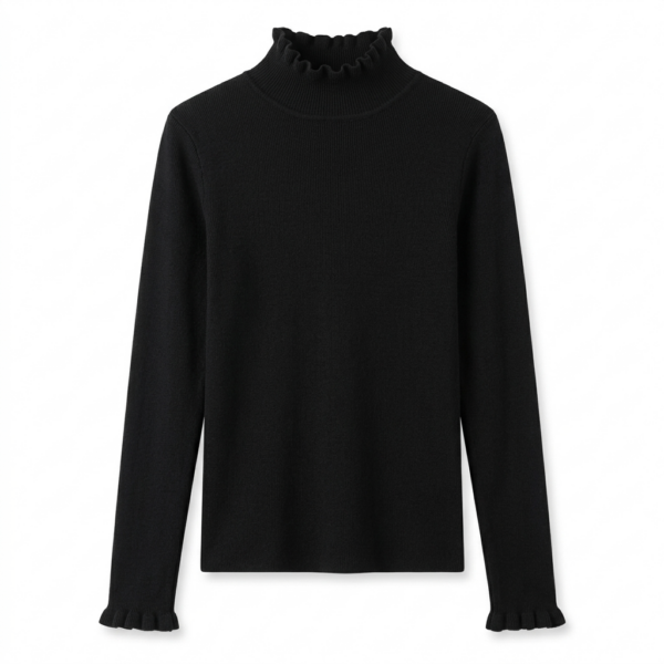 [TP090] Elegant Ribbed Ruffle-Neck Knit Top