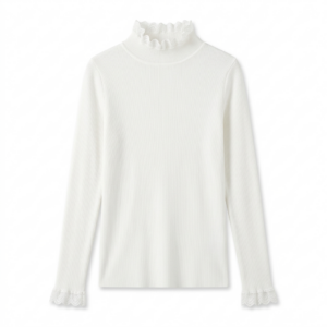 [TP090] Elegant Ribbed Ruffle-Neck Knit Top
