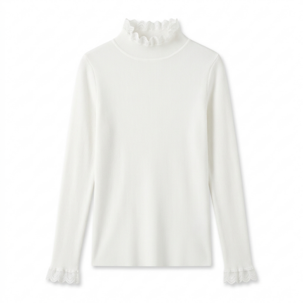 [TP090] Elegant Ribbed Ruffle-Neck Knit Top