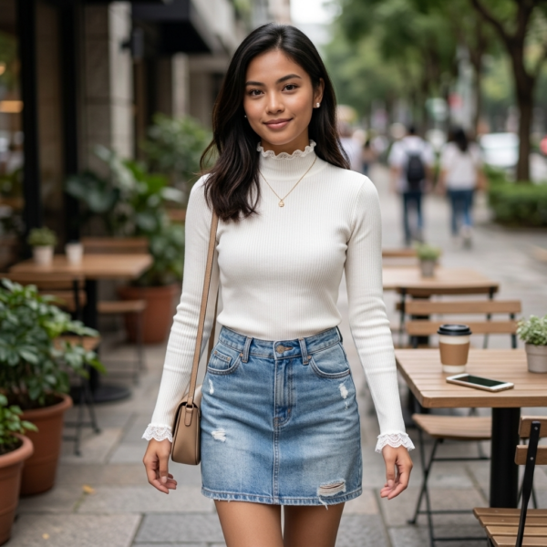 [TP090] Elegant Ribbed Ruffle-Neck Knit Top