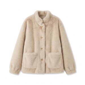 [TP093] Chic Faux Fur Button-Front Jacket with Elegant Stand Collar